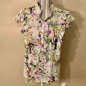 Apostrophe Blouse Large White Floral Purple Green Yellow Semi-Sheer Ruffled